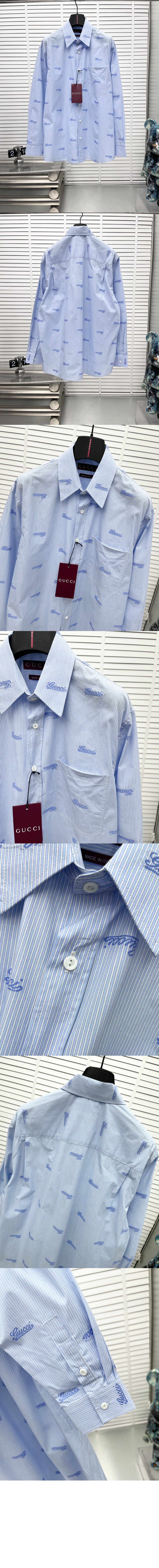 구찌 자수 스트라이프 코튼 셔츠