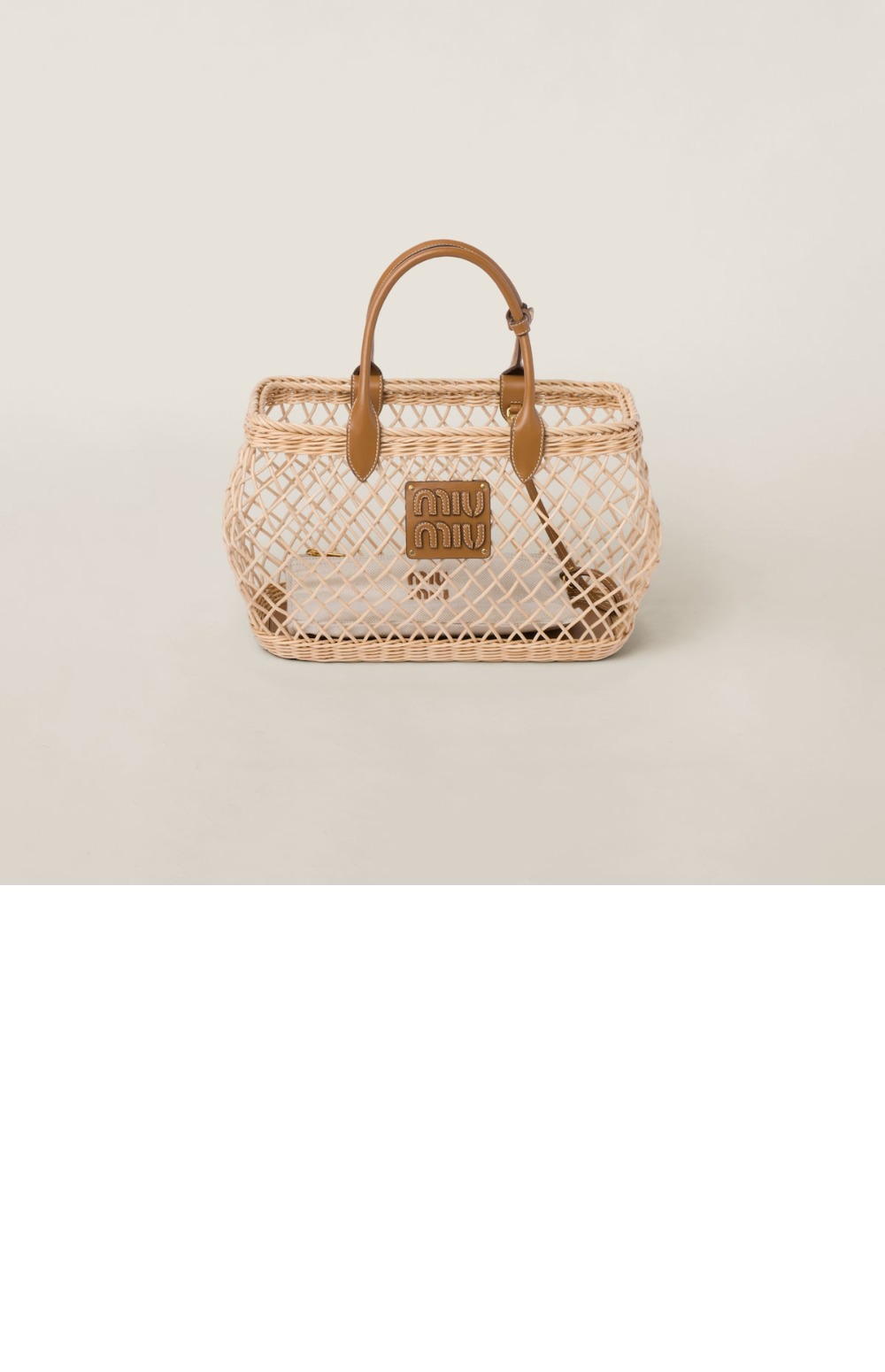 미우미우 가죽 트리밍이 있는 우븐 패브릭 핸드백 5BA285