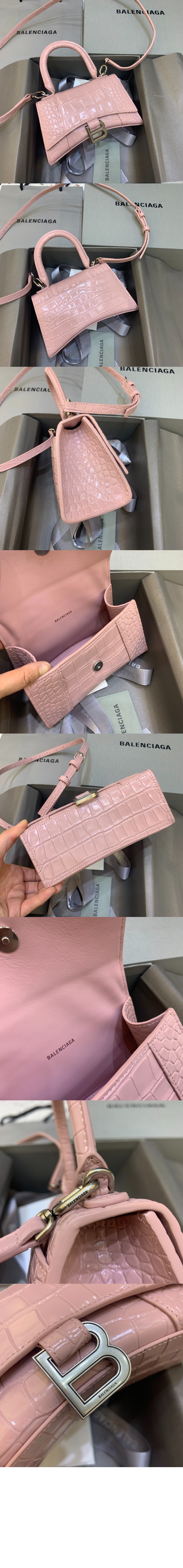 발렌시아가 아워글래스 XS 크로커다일 엠보싱 핸드백 핑크 592833