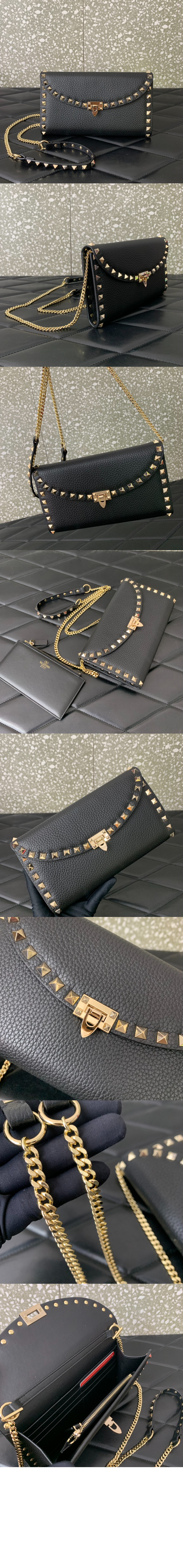 발렌티노 락스터드 그레인 송아지 가죽 체인 지갑