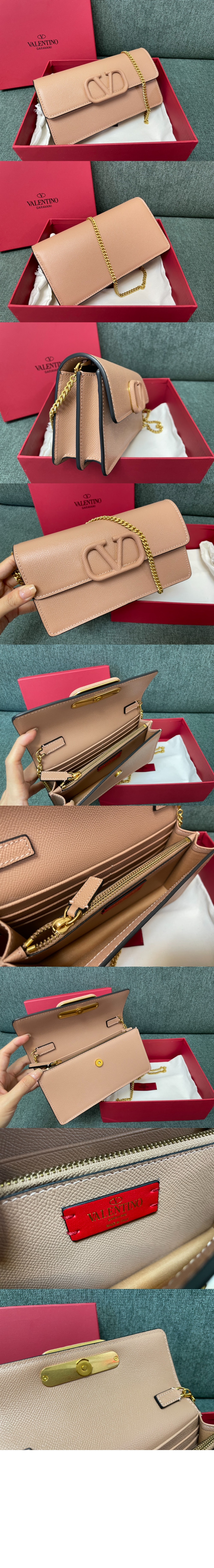 발렌티노 VLogo 시그니처 메탈릭 그레인 카프스킨 체인 지갑