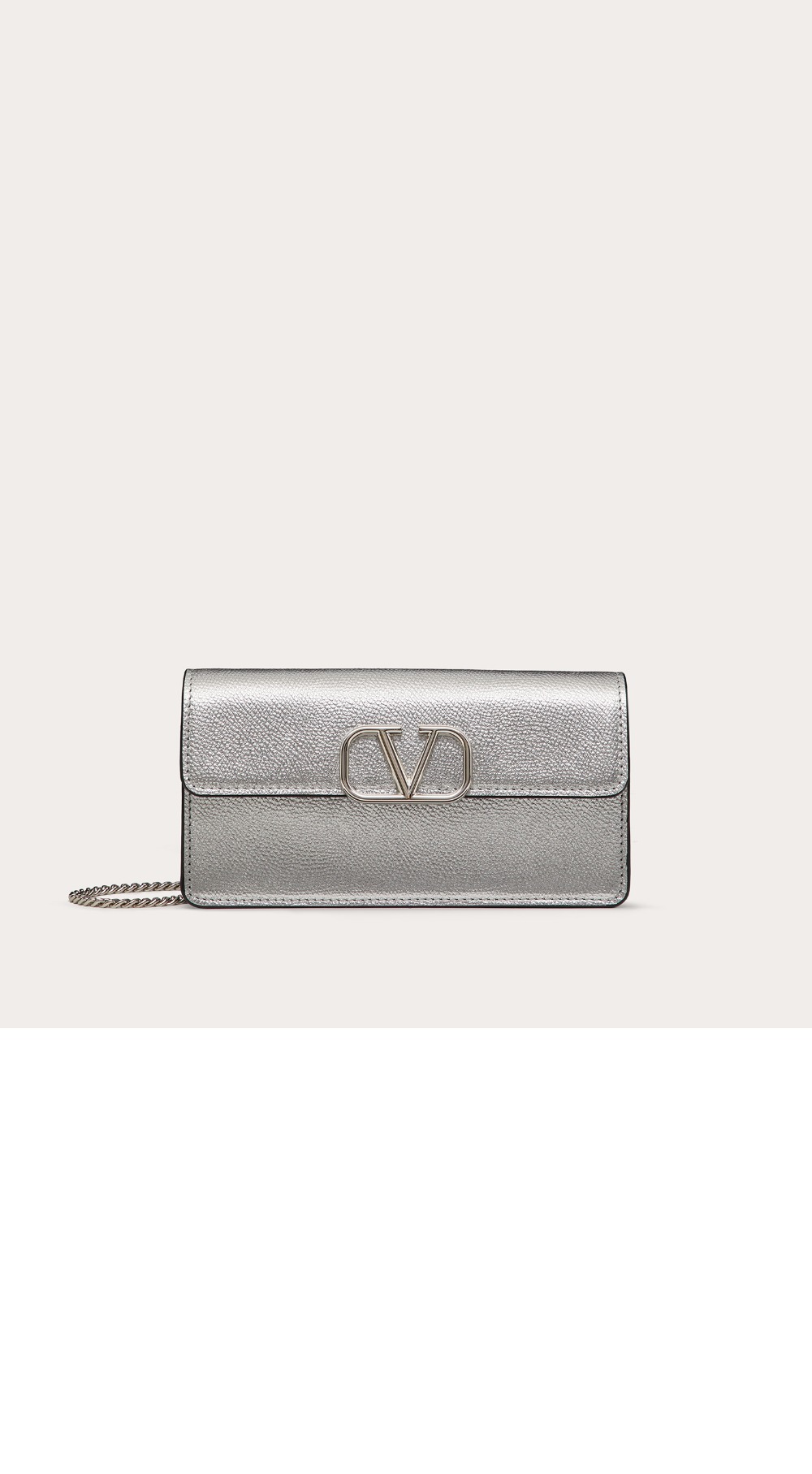 발렌티노 VLogo 시그니처 메탈릭 그레인 카프스킨 체인 지갑
