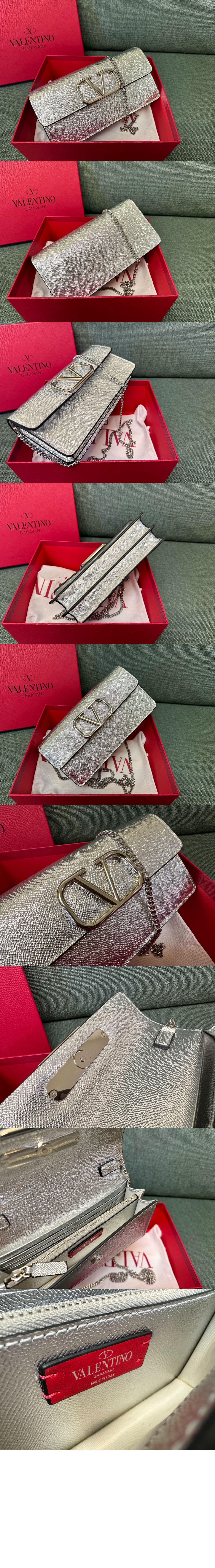 발렌티노 VLogo 시그니처 메탈릭 그레인 카프스킨 체인 지갑