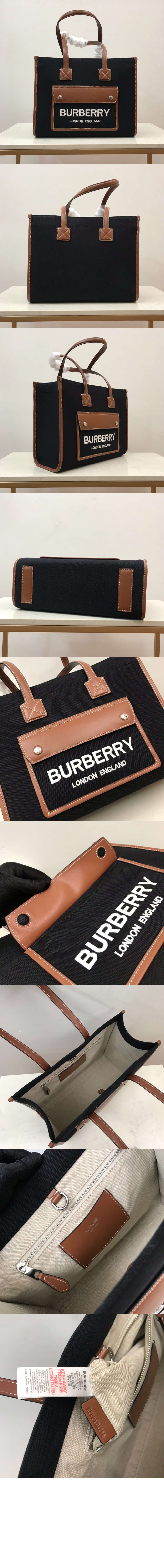 버버리 투톤 캔버스 레더 스몰 토트 80576001