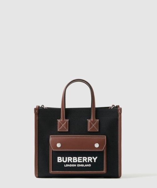 버버리 투톤 캔버스 레더 미니 토트 80557491