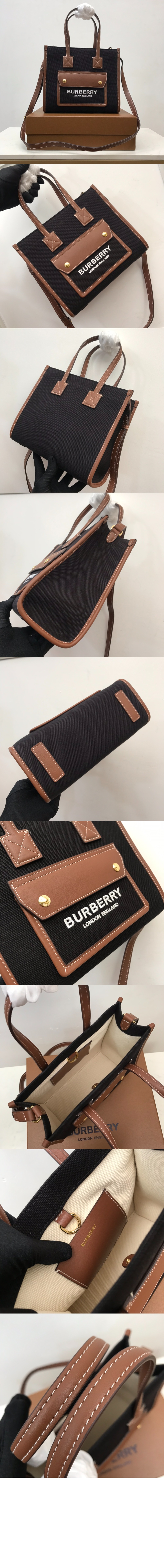 버버리 투톤 캔버스 레더 미니 토트 80557491