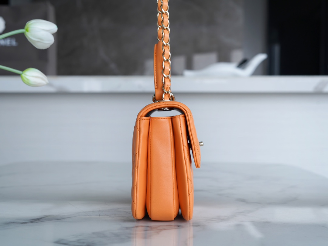 샤넬 클래식 탑핸들 미니 백 캬라멜 램스킨 은장