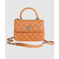 샤넬 클래식 탑핸들 미니 백 캬라멜 램스킨 은장