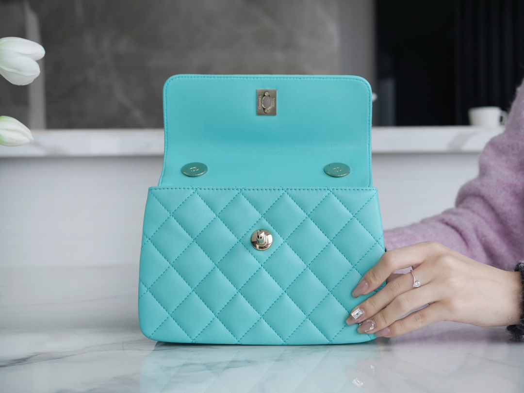 샤넬 클래식 탑핸들 미니 백 블루 램스킨 은장