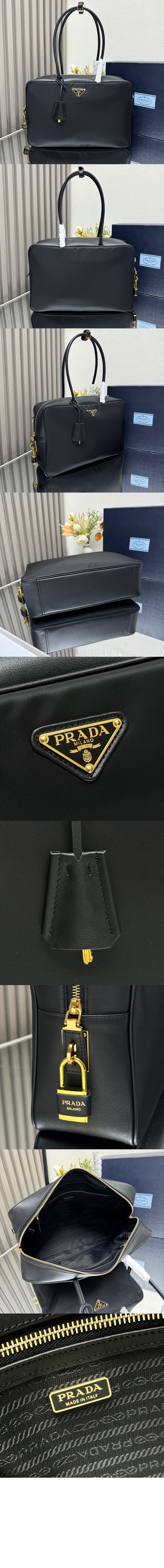 프라다 자물쇠가 있는 라지 리나일론 및 가죽 탑 핸들백 1BB131