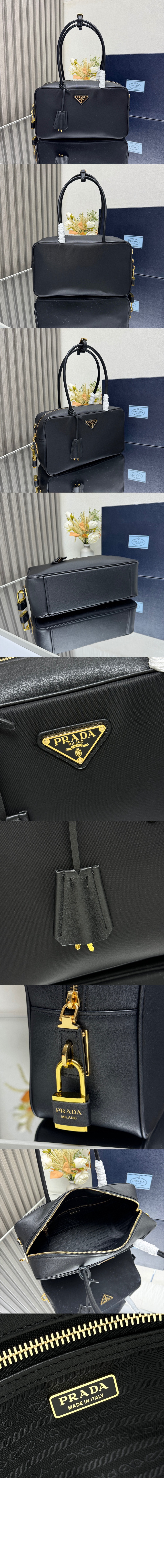 프라다 자물쇠가 있는 미디엄 리나일론 및 가죽 탑 핸들백 1BB132