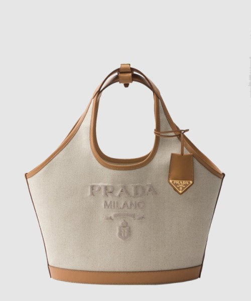 프라다 라지 리넨 혼방 및 가죽 토트백 1BG472