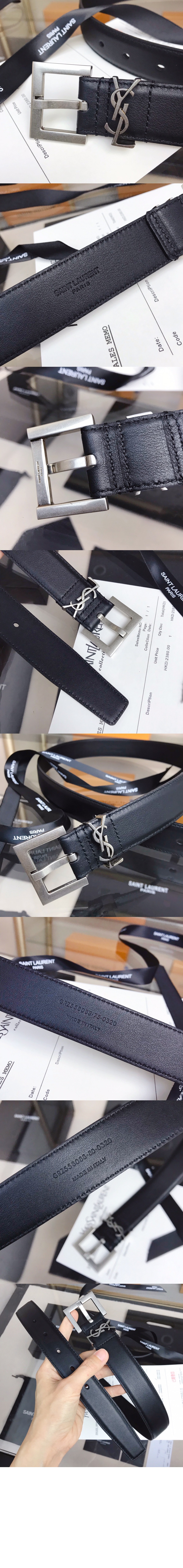 생로랑 부드러운 가죽 소재의 스퀘어 버클 모노그램 벨트 634437