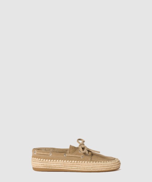 미우미우 스웨이드 및 라피아 보트 슈즈 5D378E