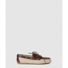 미우미우 캔버스와 표백된 가죽 보트 슈즈 5D376E