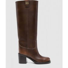 미우미우 로고 디테일 레더 하이 부츠 5W967D