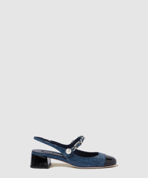 미우미우 데님과 페이턴트 가죽 슬링백 펌프스 5I048E