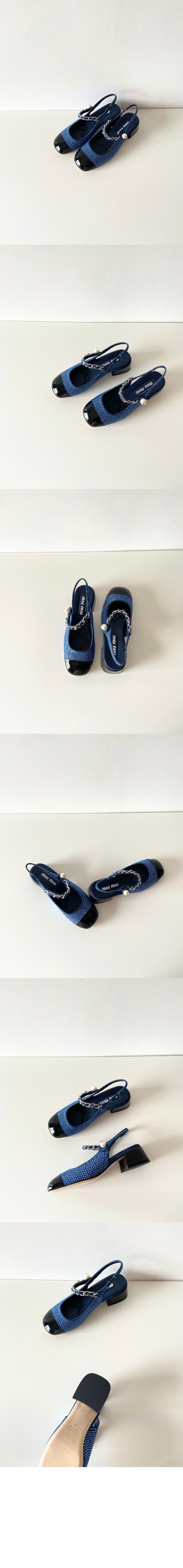 미우미우 데님과 페이턴트 가죽 슬링백 펌프스 5I048E