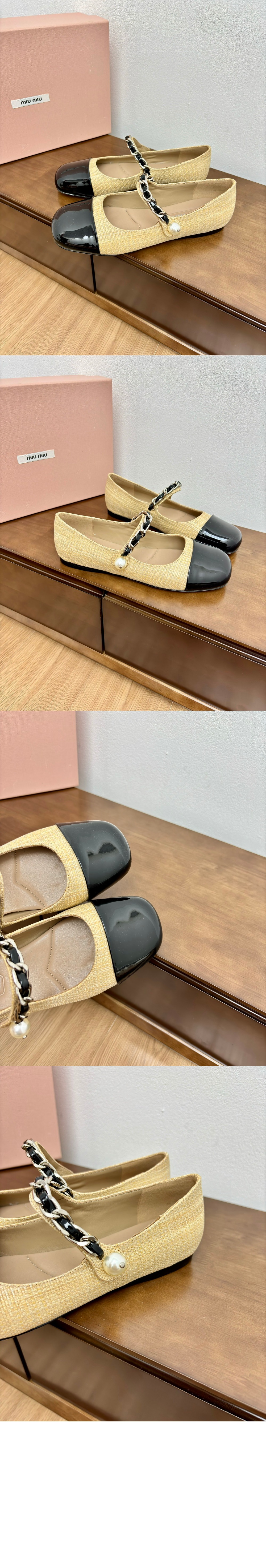 미우미우 패브릭 및 페이턴트 가죽 발레리나 5F131E