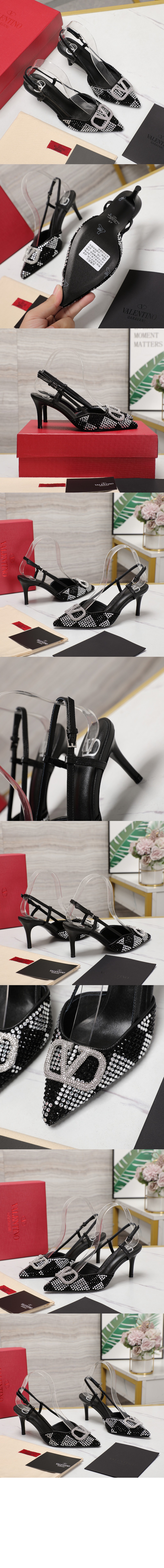 발렌티노 로고 크리스탈 임베리쉬드 레더 슬링백 펌프스 3W0S0R