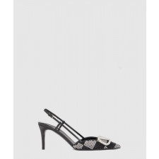 발렌티노 로고 크리스탈 임베리쉬드 레더 슬링백 펌프스 3W0S0R