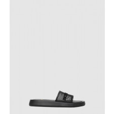 버버리 엠브로이드 로고 메쉬 앤 래더 슬라이드 80392501