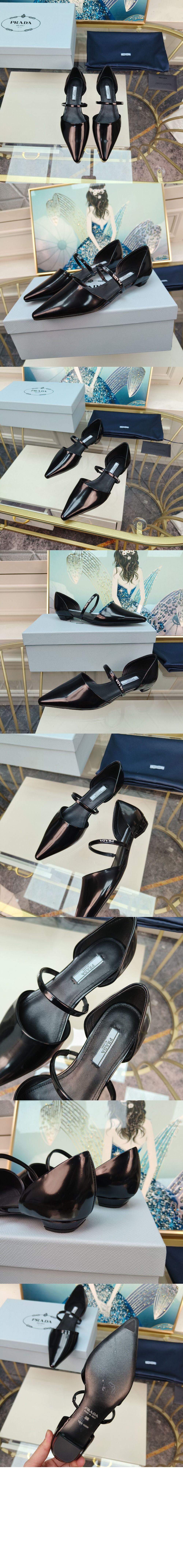 프라다 로고 스트랩 레더 플랫 슈즈 1F519M