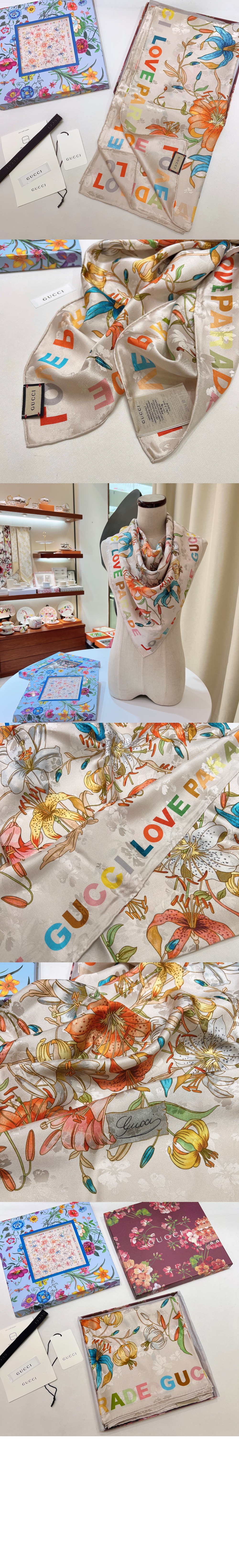 구찌 꽃 프린트 실크 스카프 704127