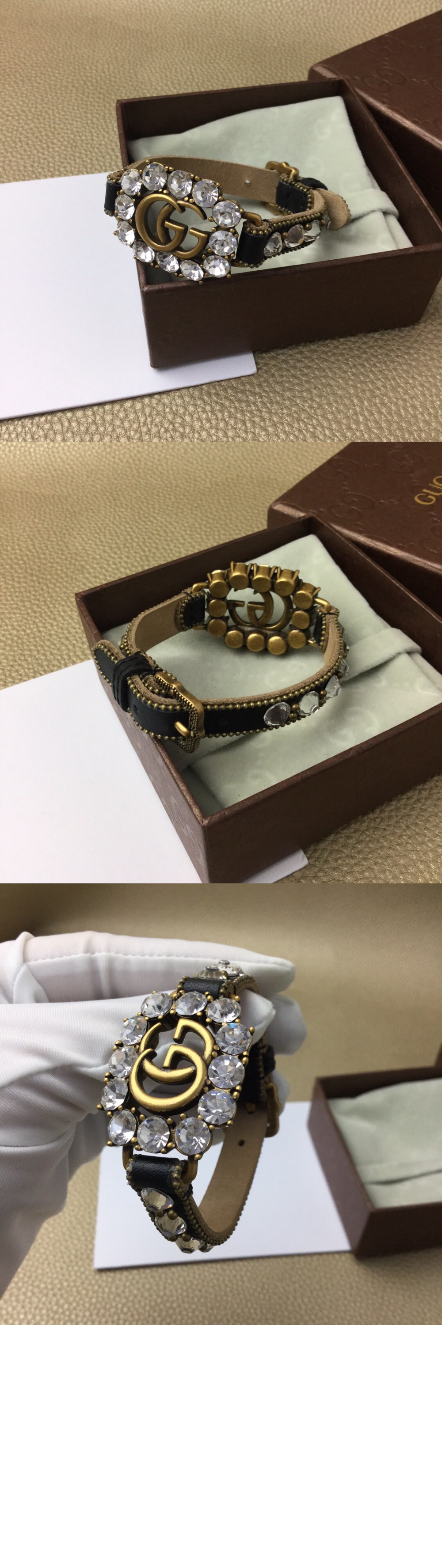 구찌 크리스털 더블 G 레더 팔찌 648722