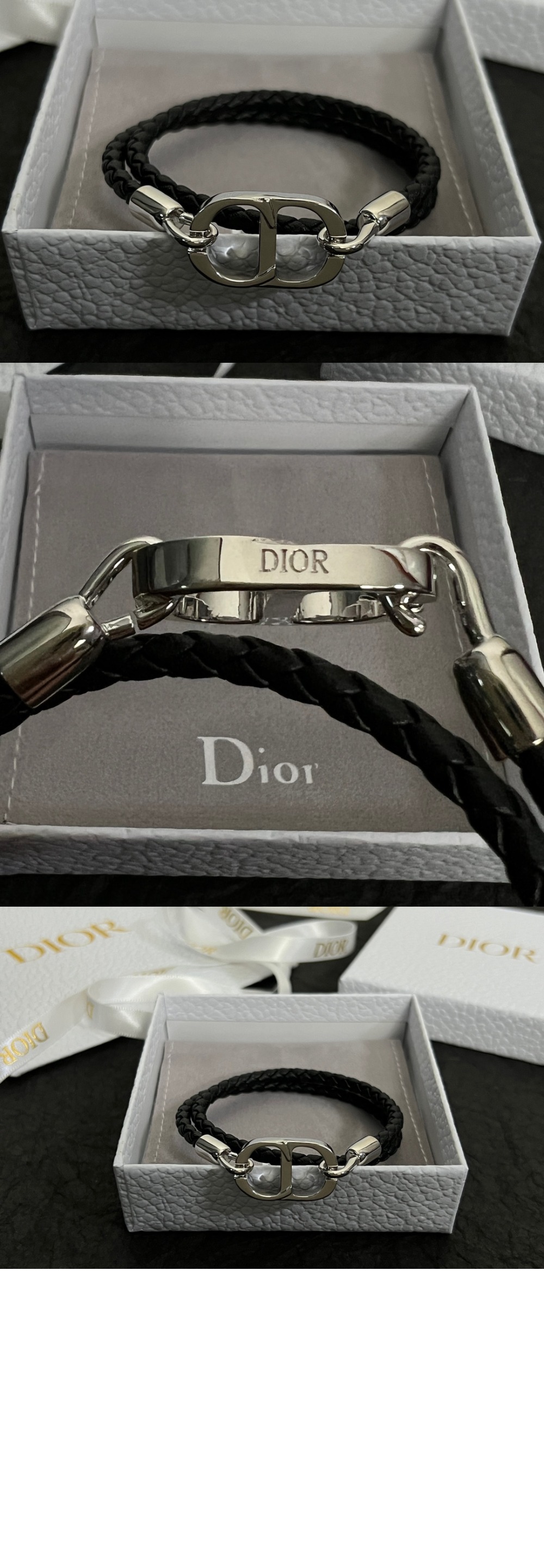 디올 CD Icon 브레이드 가죽 더블 팔찌 B1973