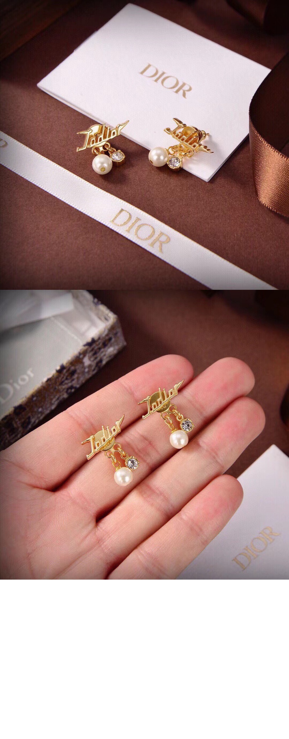 디올 자디올 펄 크리스탈 댕글 귀걸이 E1580