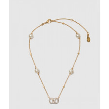 발렌티노 크리스털 및 진주 장식 브이로고 시그니처 메탈 네크리스