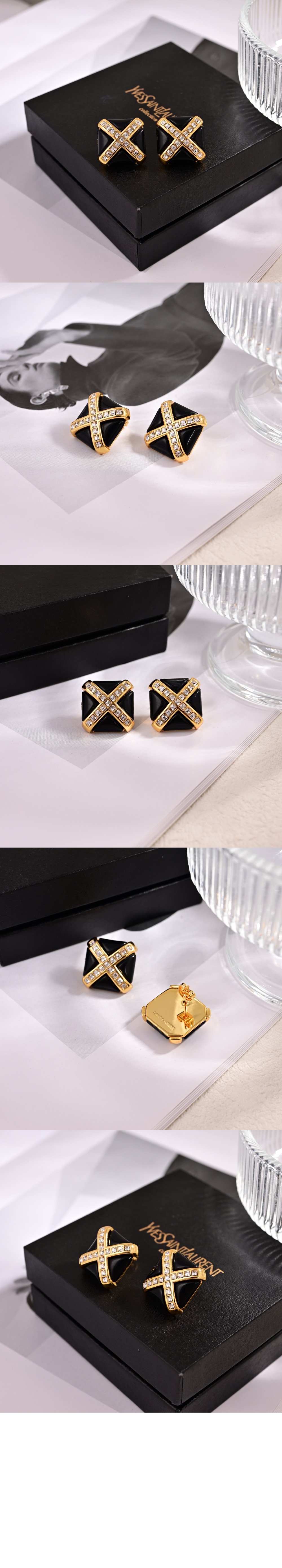 생로랑 레진과 메탈 소재의 크리스탈 크로스 이어링 805022