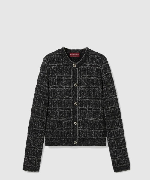 구찌 울 및 라메 체크 자카드 가디건