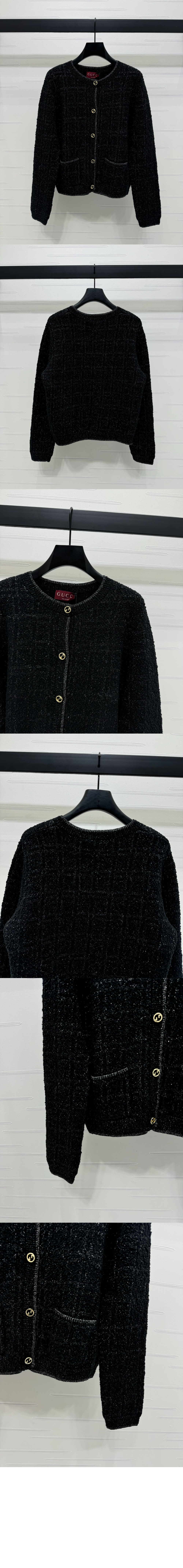 구찌 울 및 라메 체크 자카드 가디건