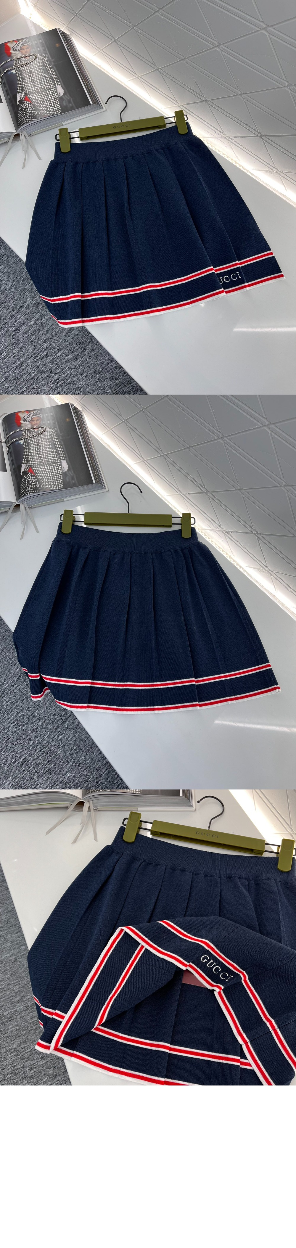 구찌 스트라이프 트리밍 플리츠 스커트