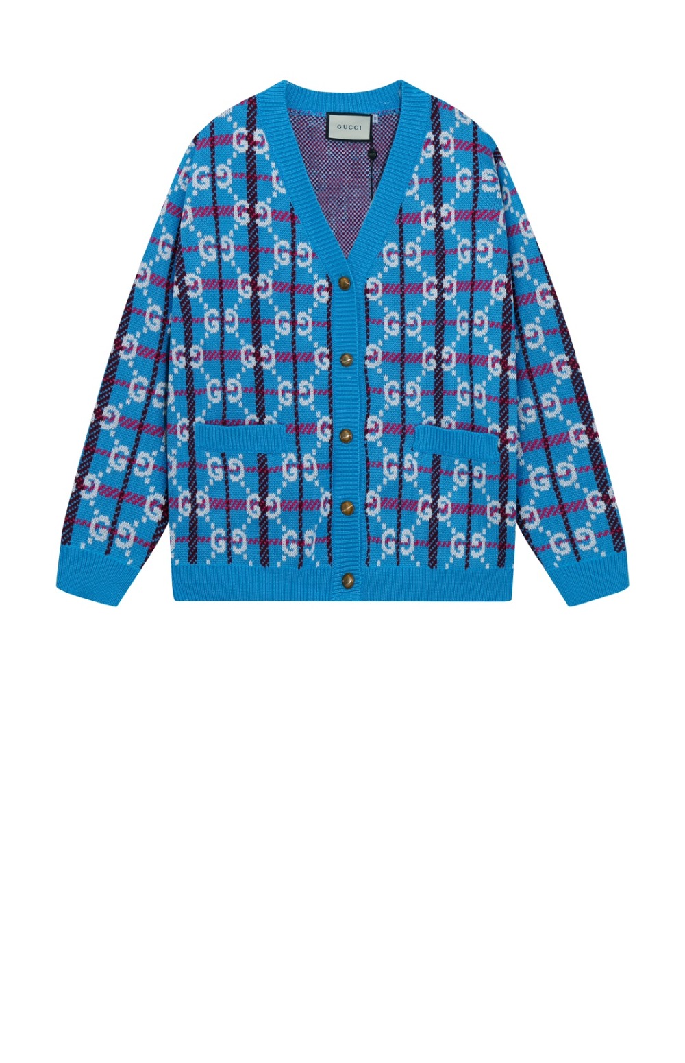 구찌 GG 로고 체크 소프트 울 브이넥 가디건