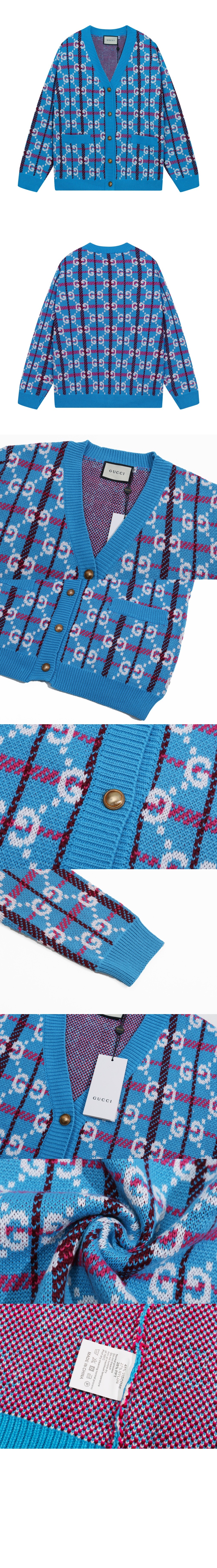 구찌 GG 로고 체크 소프트 울 브이넥 가디건