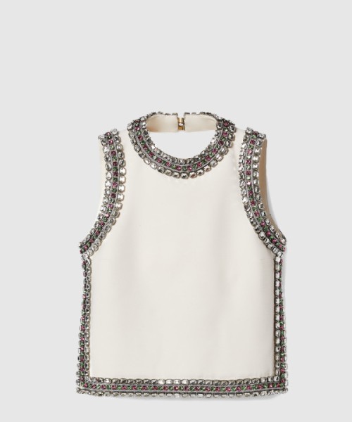 구찌 크리스털 자수 울 실크 탑