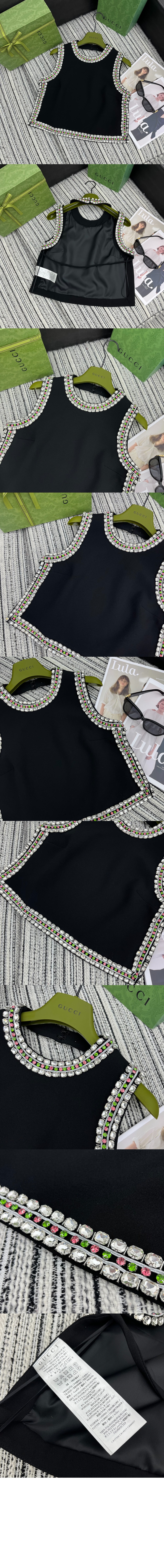 구찌 크리스털 자수 울 실크 탑