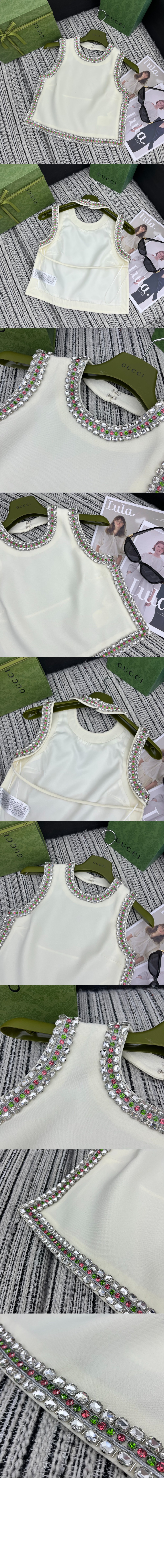 구찌 크리스털 자수 울 실크 탑